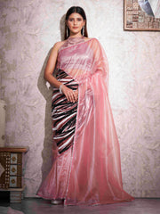 Pink colored shimmer net designer saree with sequence embroidery on shoulder and sequinned lace