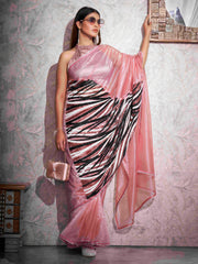 Pink colored shimmer net designer saree with sequence embroidery on shoulder and sequinned lace