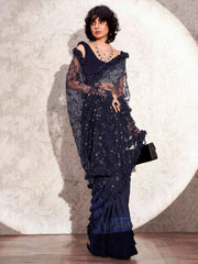 Blue colored half and half net and jacquard saree with embroidered pallu frill and tassles in patli