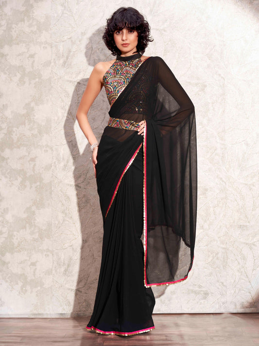 Black solid georgette saree with embroidered blouse & belt