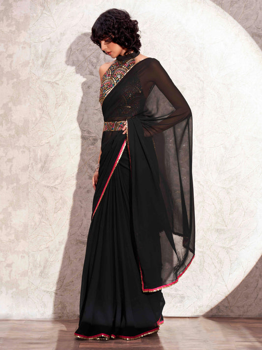 Black solid georgette saree with embroidered blouse & belt