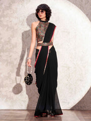 Black solid georgette saree with embroidered blouse & belt