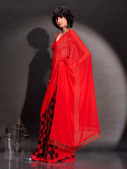 Two way wearbable red sequinned georgette saree with tassles on pallu