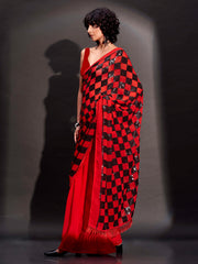 Two way wearbable red sequinned georgette saree with tassles on pallu