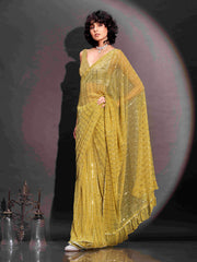 Ready to wear yellow colored lycra saree with foil embellishments and frill on pallu