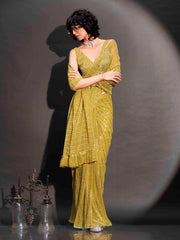 Ready to wear yellow colored lycra saree with foil embellishments and frill on pallu