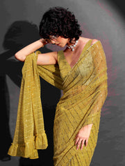 Ready to wear yellow colored lycra saree with foil embellishments and frill on pallu