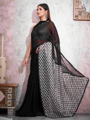 Black colored designer satin saree with sequence printed net and sequence border