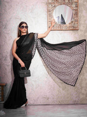 Black colored designer satin saree with sequence printed net and sequence border