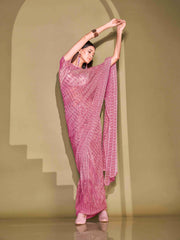 Ready To Wear Pink Lycra Foil Saree with Unstitched Blouse