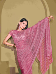 Ready To Wear Pink Lycra Foil Saree with Unstitched Blouse