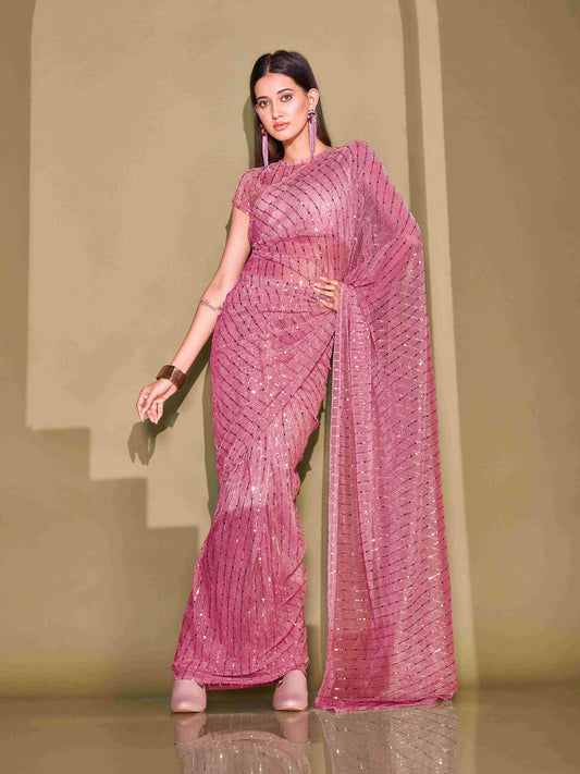 Ready To Wear Pink Lycra Foil Saree with Unstitched Blouse