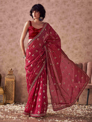 Pink colored linen jacquard saree with embroidered lace