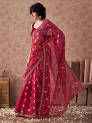 Pink colored linen jacquard saree with embroidered lace