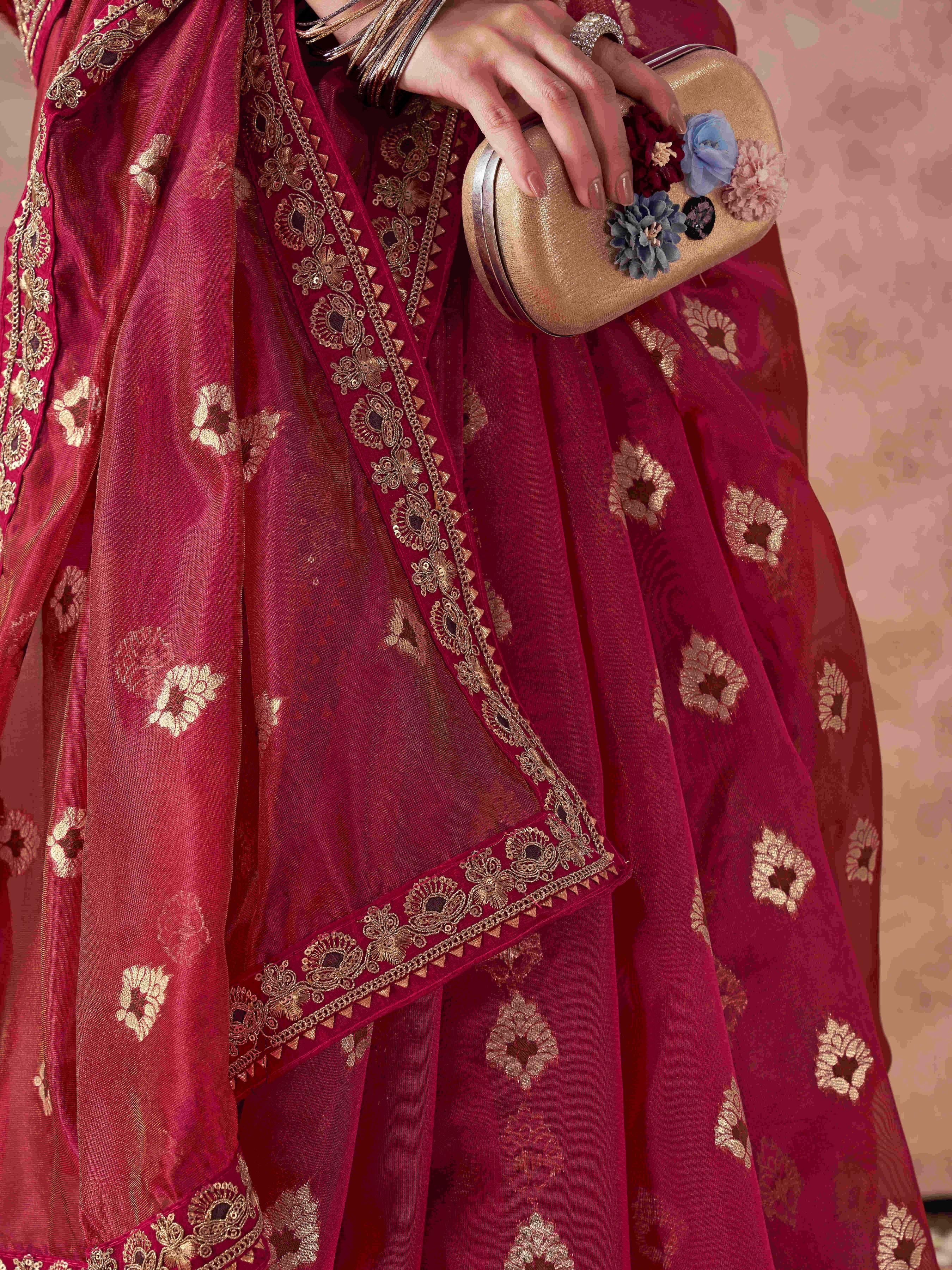 Pink colored linen jacquard saree with embroidered lace