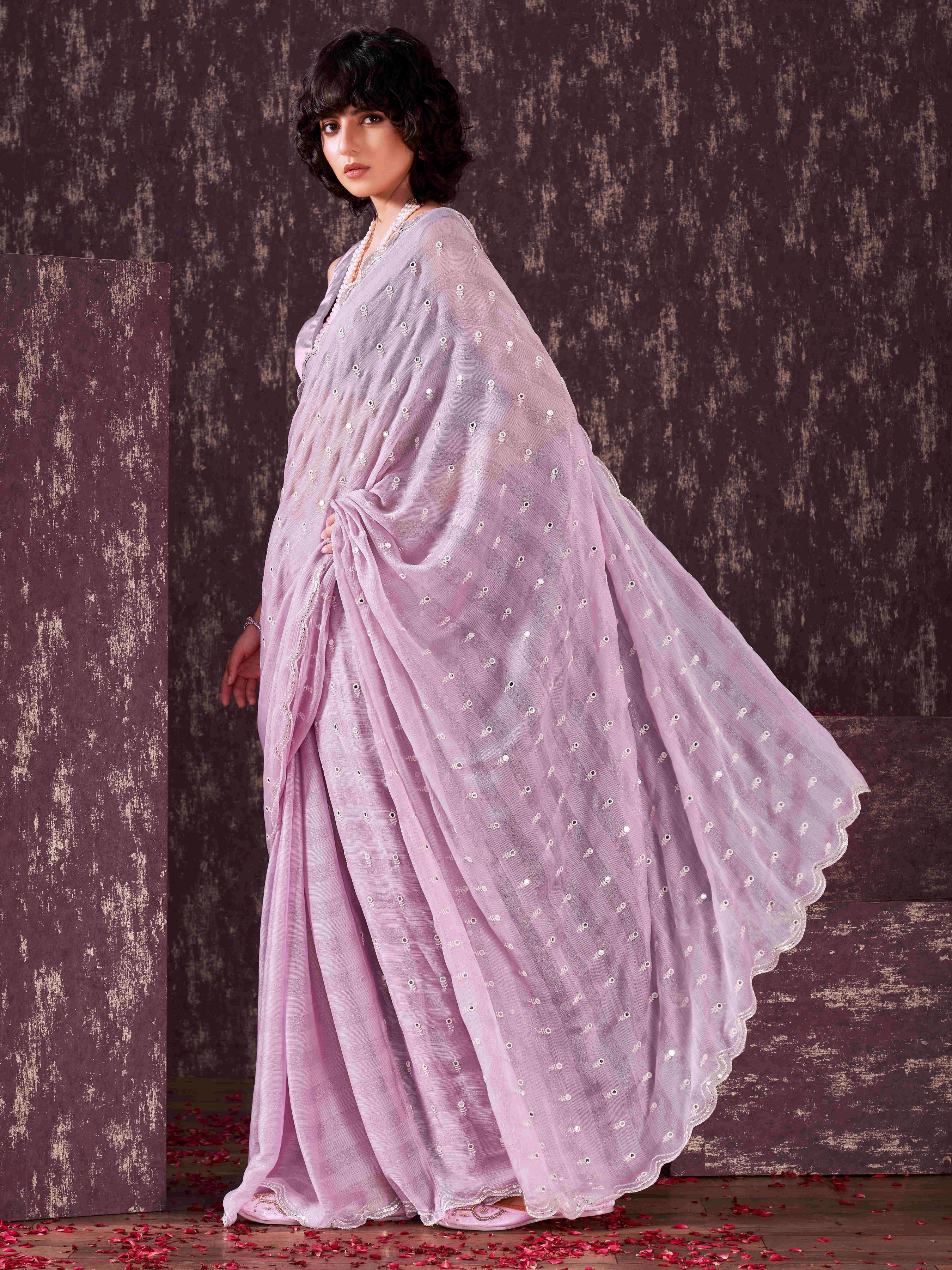 Lavendar colored striped satin chiffon saree with mirror embroidery on pallu and scalloped border