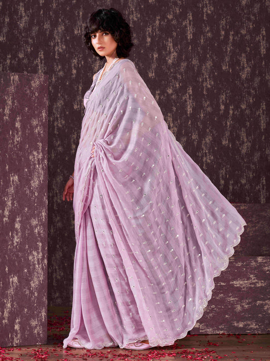 Lavendar colored striped satin chiffon saree with mirror embroidery on pallu and scalloped border