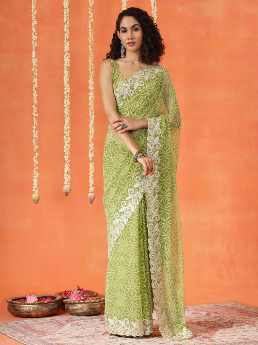 Green colored poly georgette bandhni saree with gota patti c-pallu embroidery