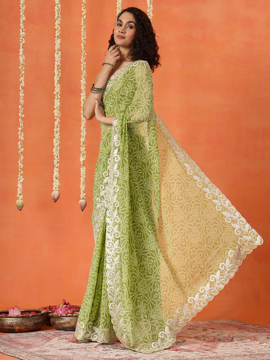 Green colored poly georgette bandhni saree with gota patti c-pallu embroidery