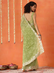 Green colored poly georgette bandhni saree with gota patti c-pallu embroidery