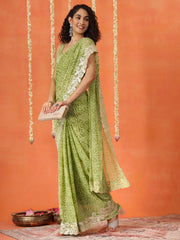 Green colored poly georgette bandhni saree with gota patti c-pallu embroidery