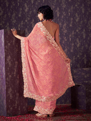 Peach colored poly georgette bandhni saree with gota patti c-pallu embroidery