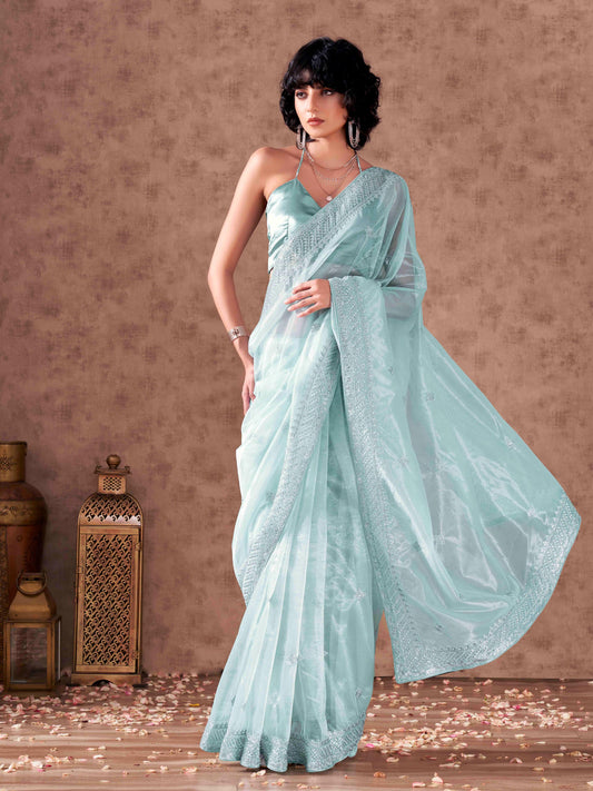 Sky blue colored shimmer net sequinned embroidered saree with embroidered blouse