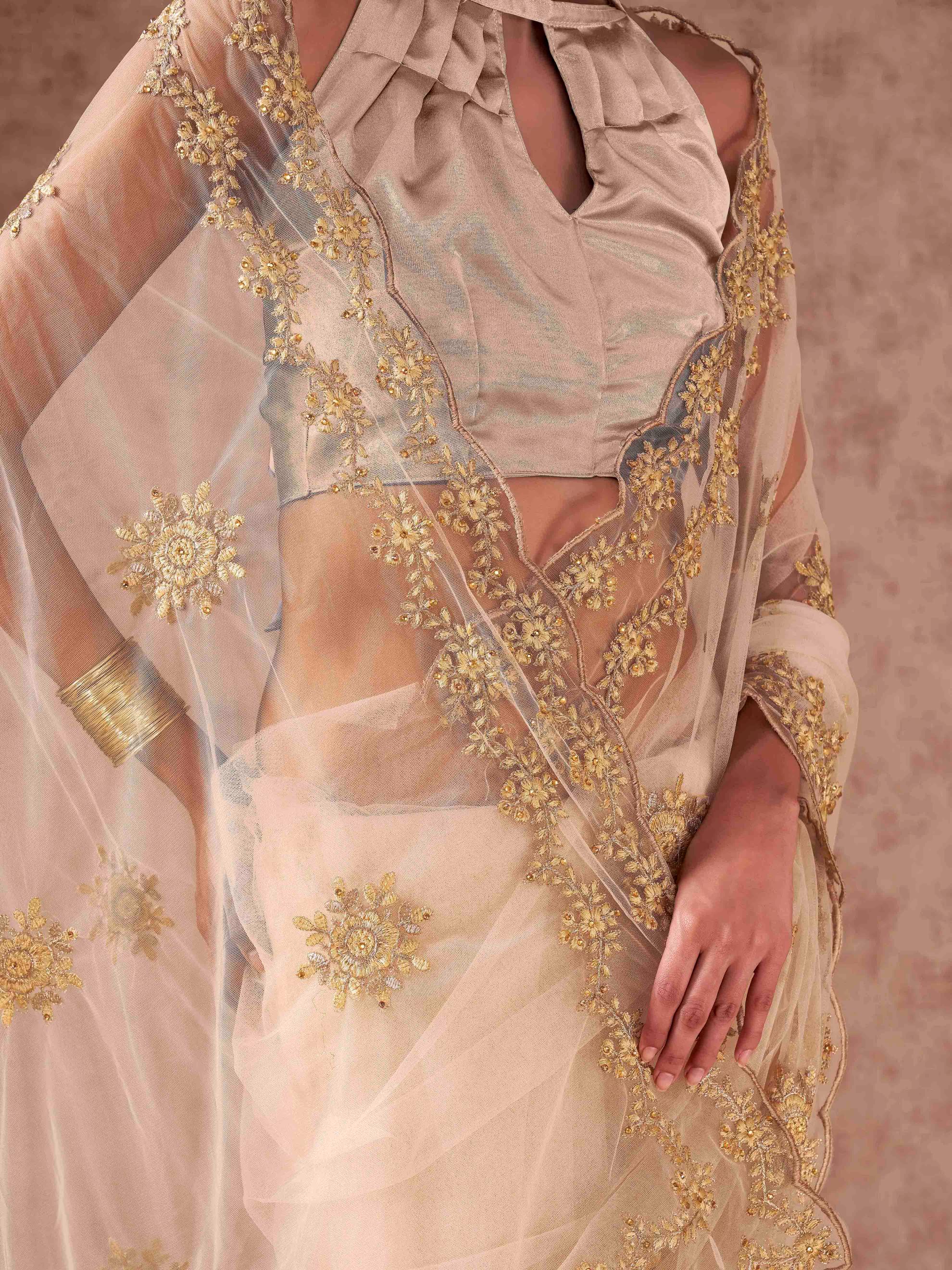 Cream colored net saree with thread work scalloped border and faux diamonds