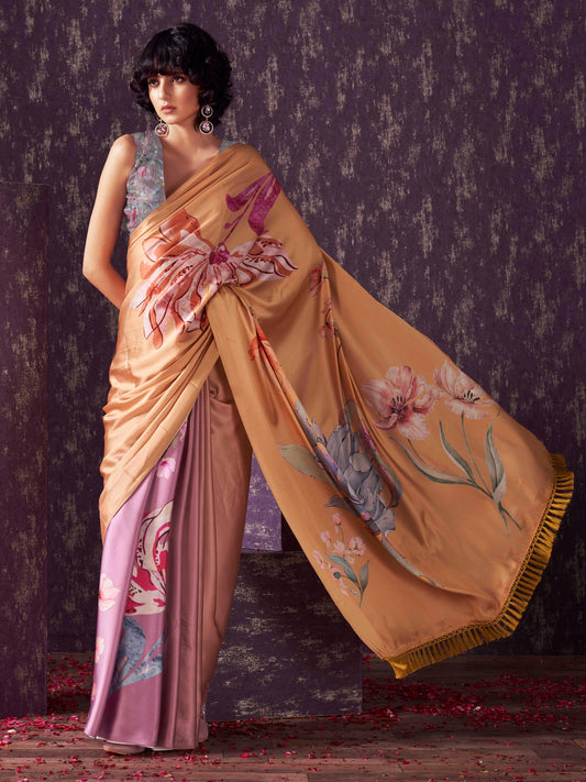 Yellow and lavendar two way useable digital printed satin saree with tassles on both sides