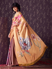 Yellow and lavendar two way useable digital printed satin saree with tassles on both sides