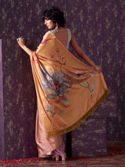 Yellow and lavendar two way useable digital printed satin saree with tassles on both sides