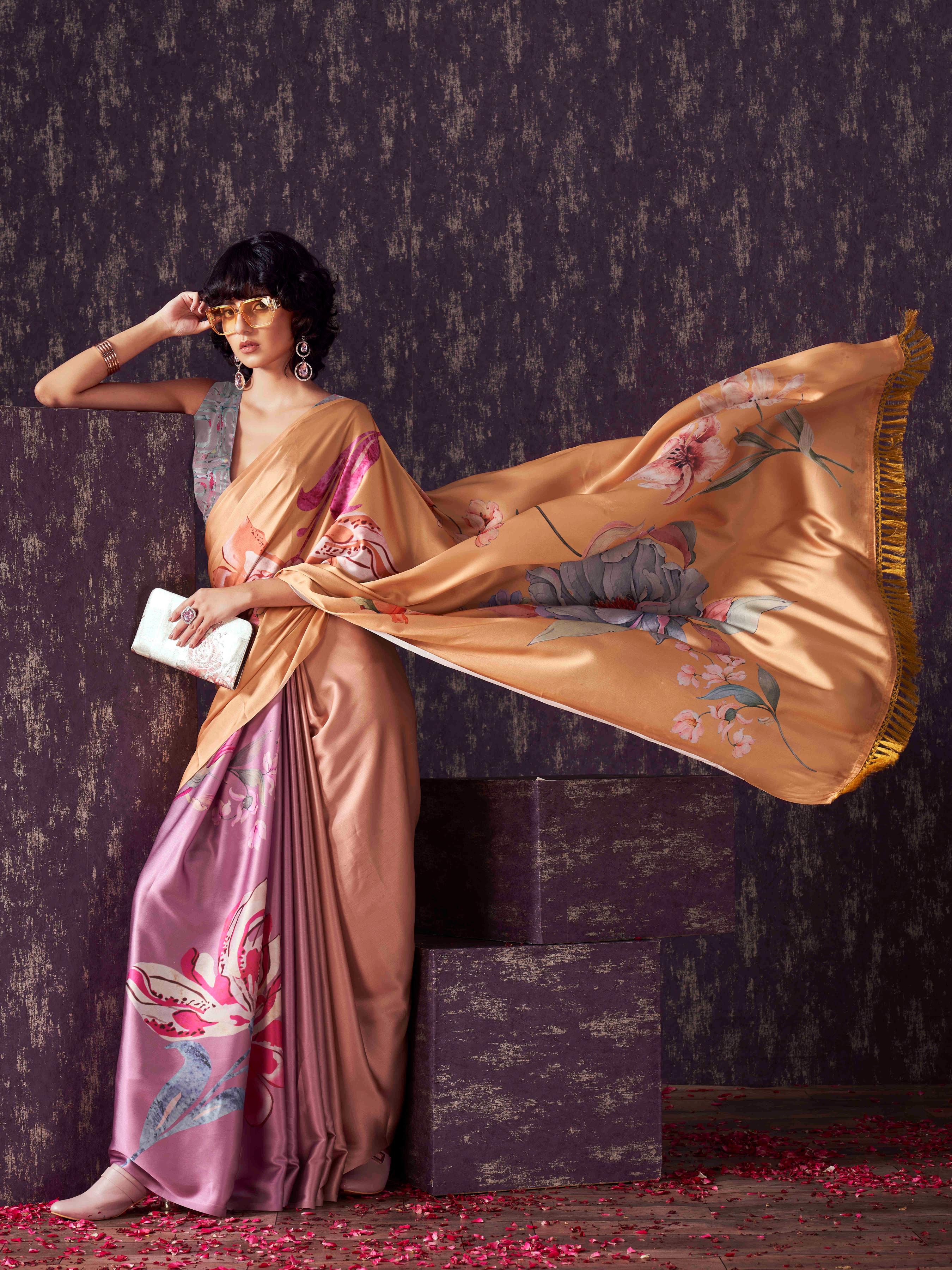 Yellow and lavendar two way useable digital printed satin saree with tassles on both sides