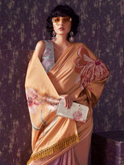 Yellow and lavendar two way useable digital printed satin saree with tassles on both sides