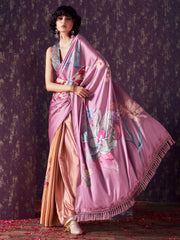 Yellow and lavendar two way useable digital printed satin saree with tassles on both sides