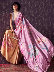 Yellow and lavendar two way useable digital printed satin saree with tassles on both sides