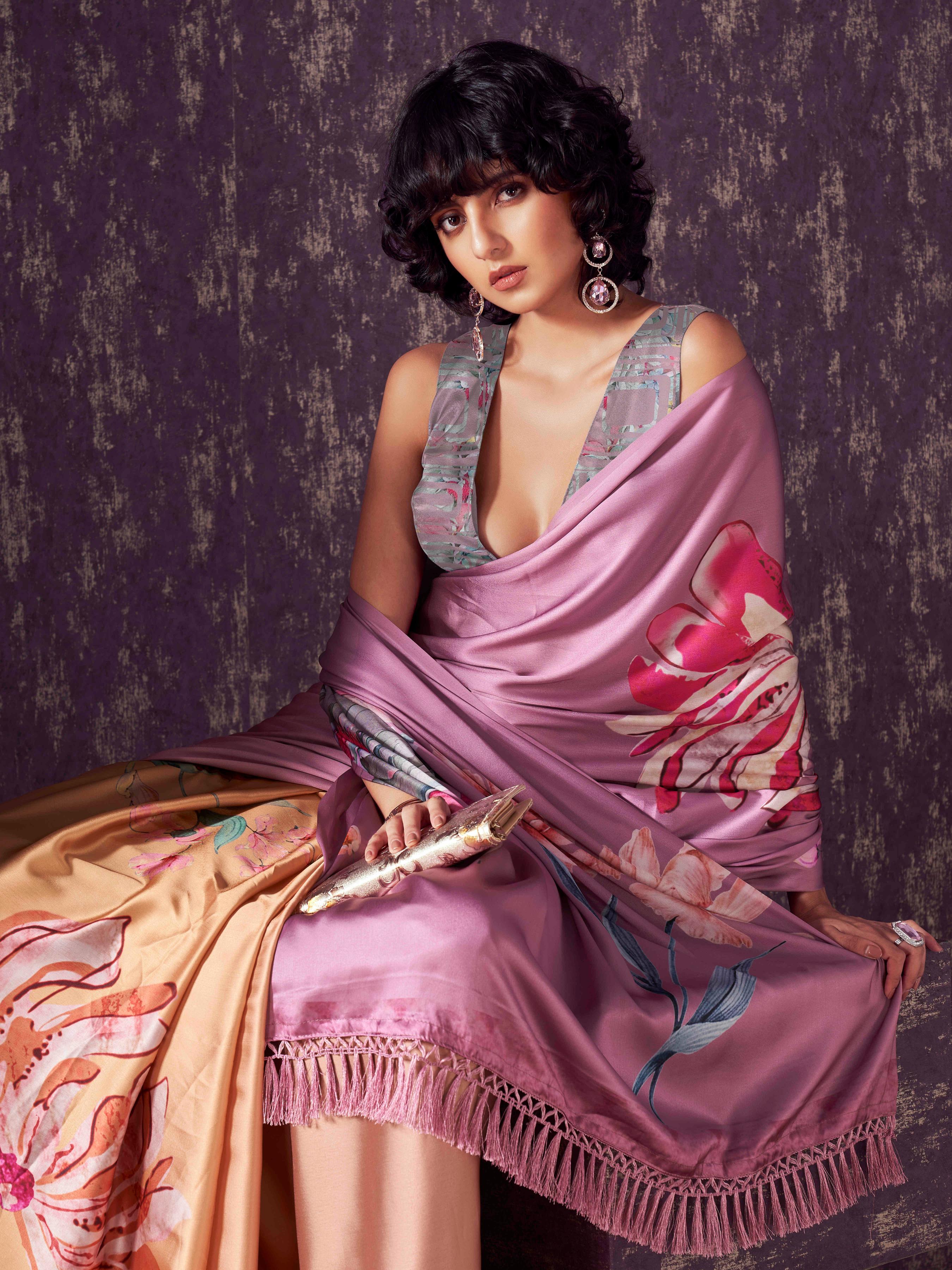 Yellow and lavendar two way useable digital printed satin saree with tassles on both sides