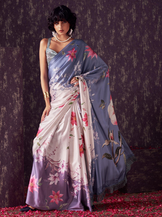 Blue and mauve two way useable digital printed satin saree with tassles on both sides