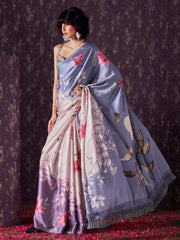 Blue and mauve two way useable digital printed satin saree with tassles on both sides