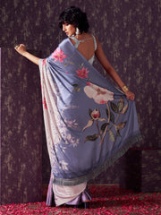 Blue and mauve two way useable digital printed satin saree with tassles on both sides