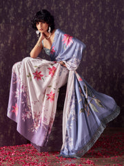 Blue and mauve two way useable digital printed satin saree with tassles on both sides