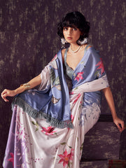 Blue and mauve two way useable digital printed satin saree with tassles on both sides