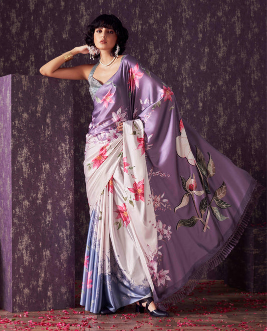 Blue and mauve two way useable digital printed satin saree with tassles on both sides