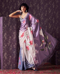 Blue and mauve two way useable digital printed satin saree with tassles on both sides