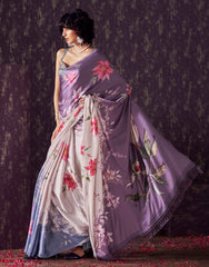 Blue and mauve two way useable digital printed satin saree with tassles on both sides