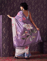 Blue and mauve two way useable digital printed satin saree with tassles on both sides