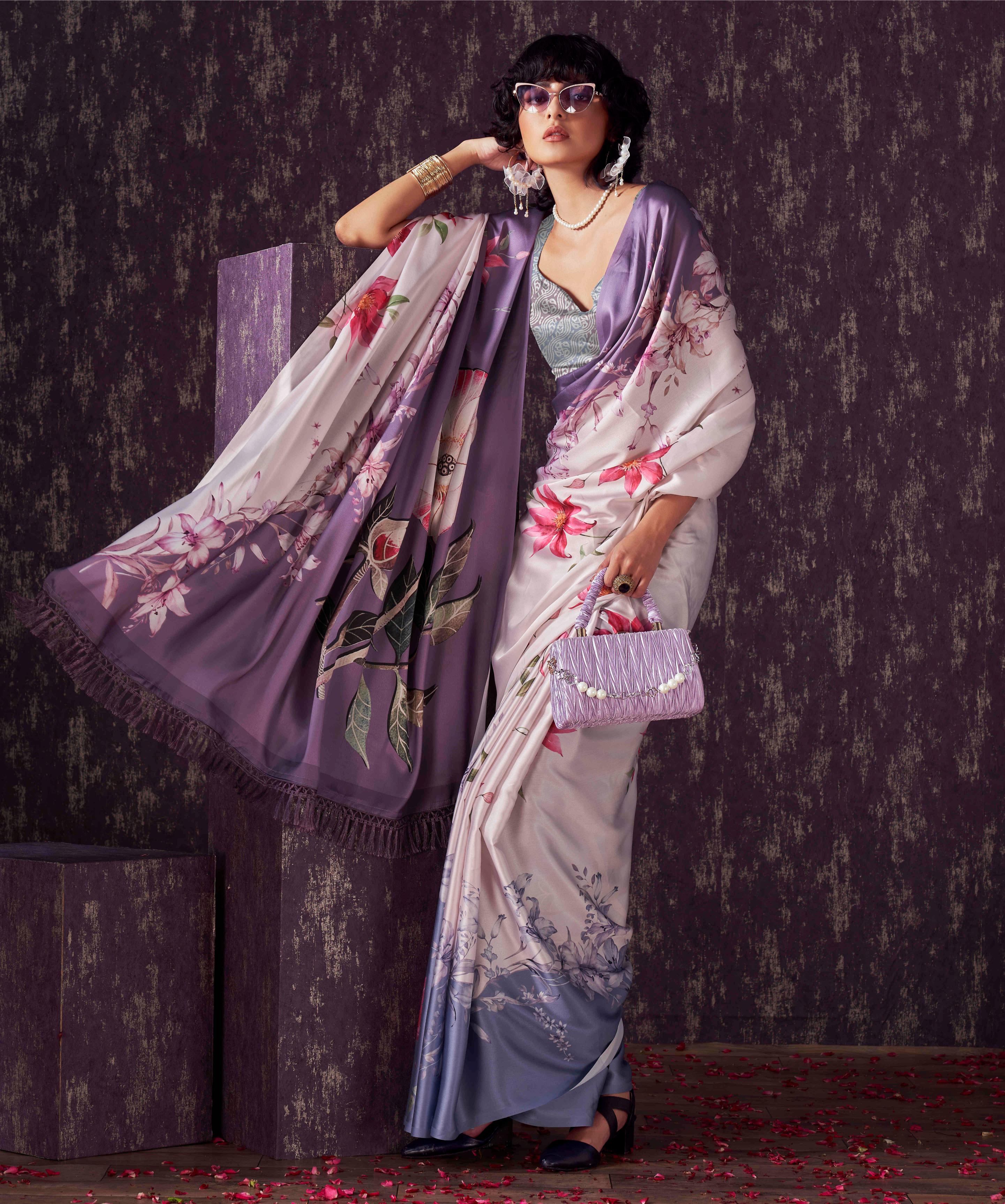 Blue and mauve two way useable digital printed satin saree with tassles on both sides