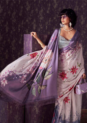 Blue and mauve two way useable digital printed satin saree with tassles on both sides