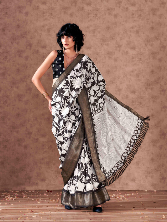 Ready to wear Black and white poly cotton saree with inner