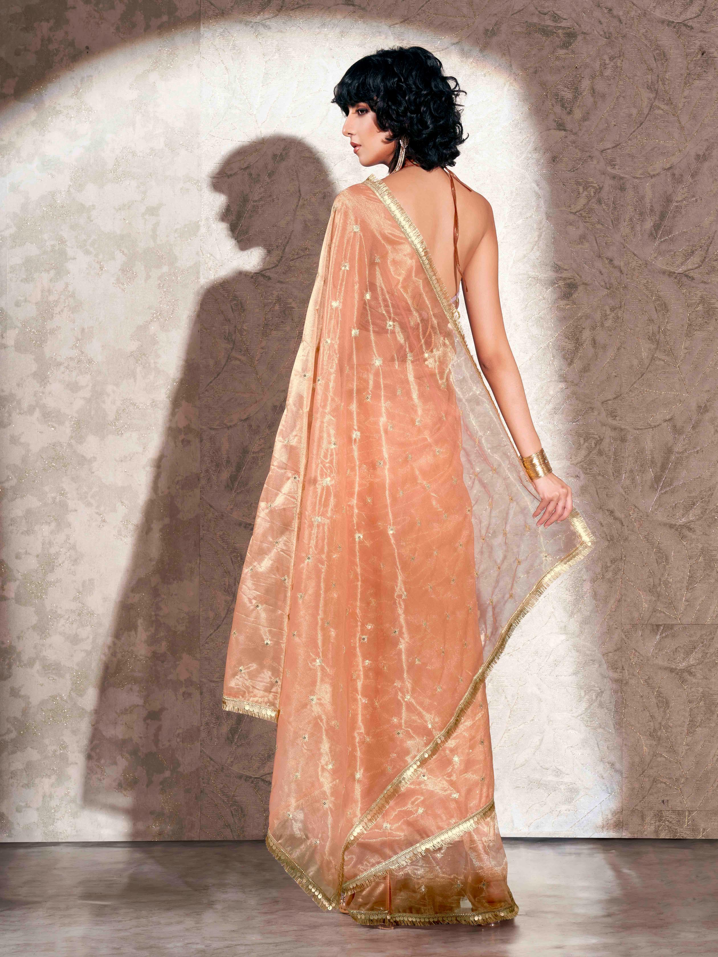 Peach colored shimmer net saree with sequence embroidery and sequinned tassle lace