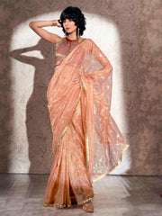 Peach colored shimmer net saree with sequence embroidery and sequinned tassle lace